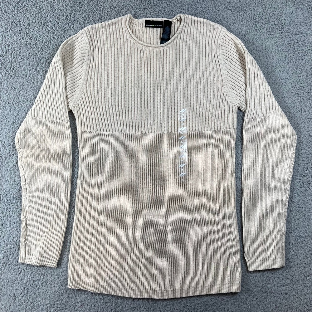 DKNY Jeans Men's Beige Ribbed Crew Neck Long Sleeve‎ Sweater Size M VTG NWT